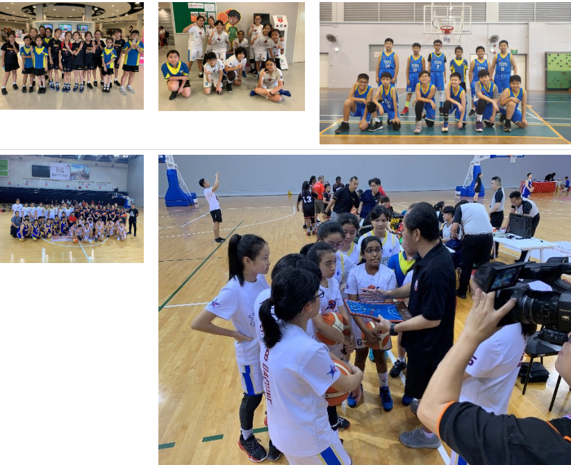 A montage of 6 pictures showing groups of primary school boys and girls basketball players posing at a basketball courts with their teachers